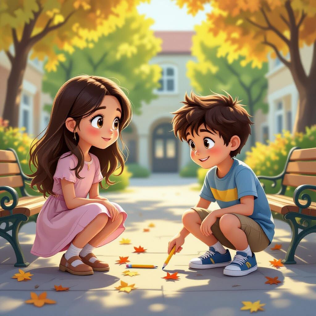 Children Discover Pencil in Sunny School Courtyard