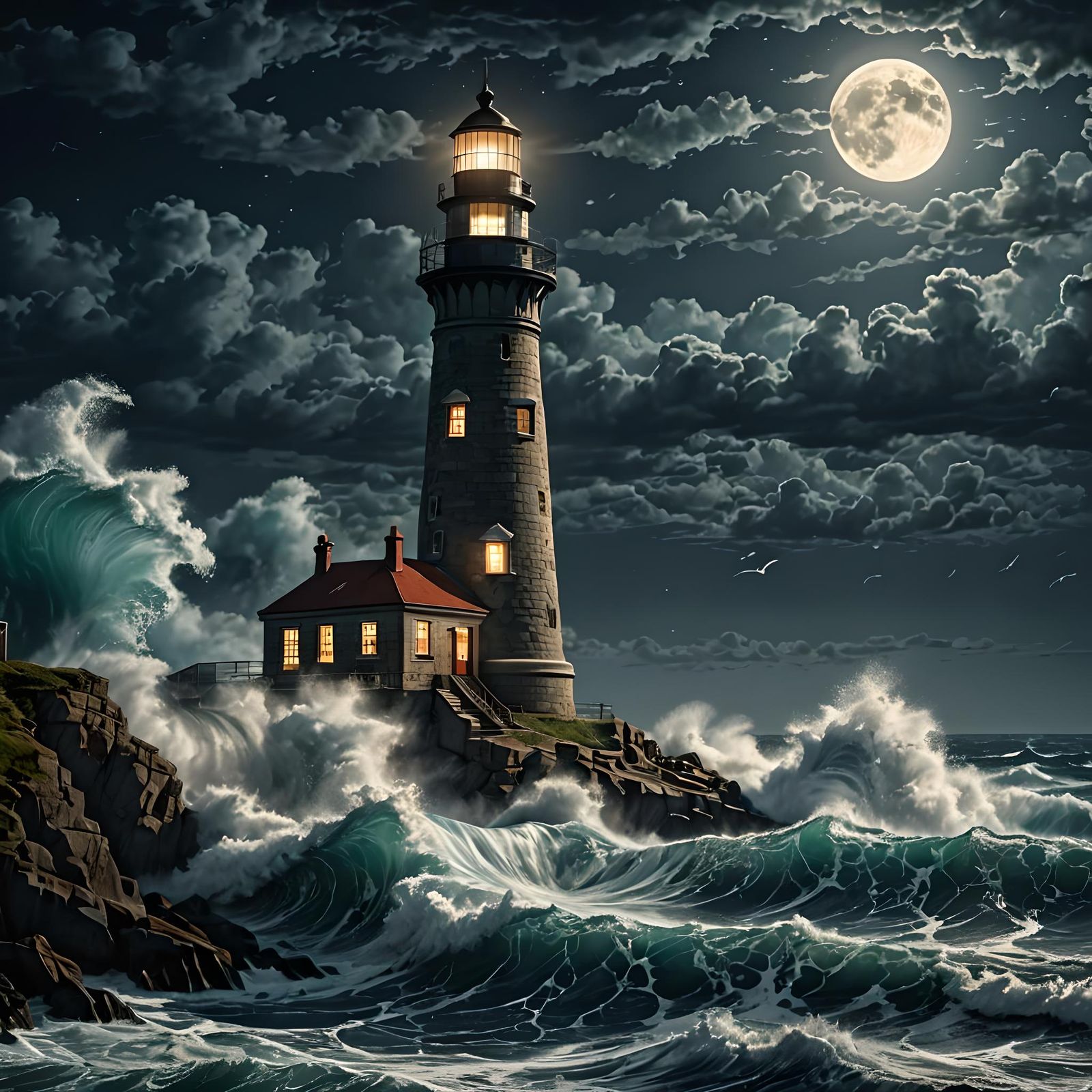 Moonlit Lighthouse Waves: Hyperrealistic Coastal Scene