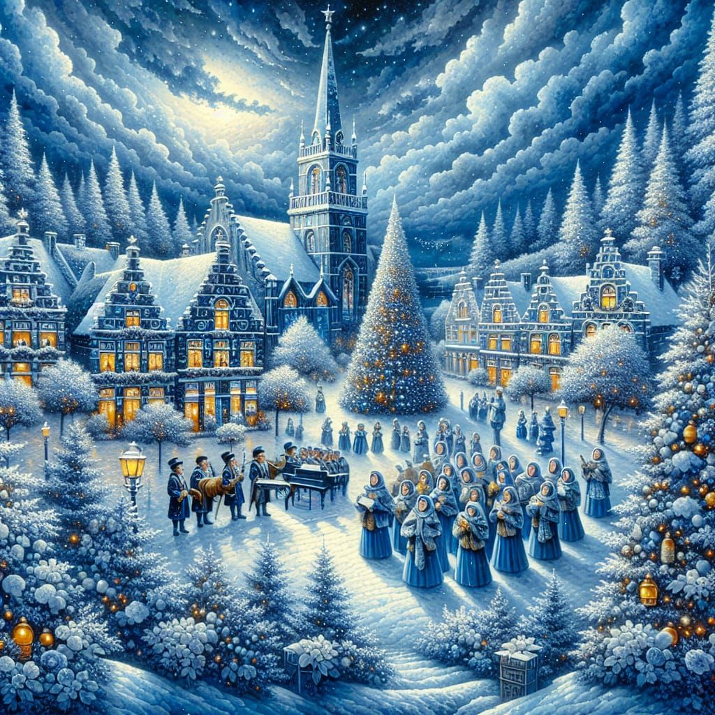 Elegant Delft Blue Christmas Scene in Impressive Multi-Media...
