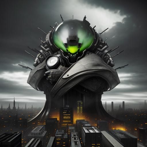 Alien Creature in Dystopian Cityscape: Double Exposure Photo...