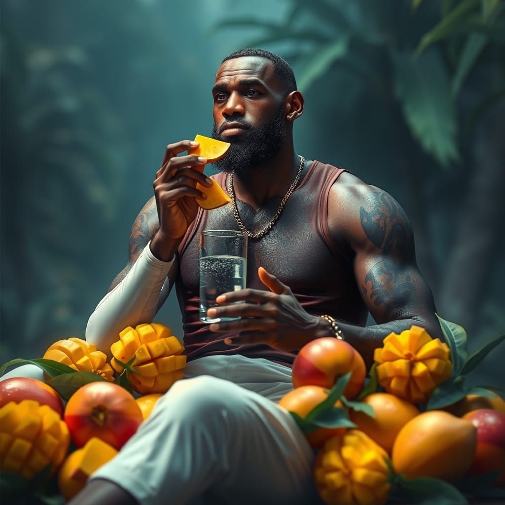 Lebron James in Dreamlike Mango Oasis, Cyberpunk Concept Art