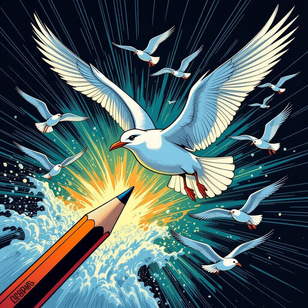 Pencil Transforms Into Seagull Flock in Comic Art Style