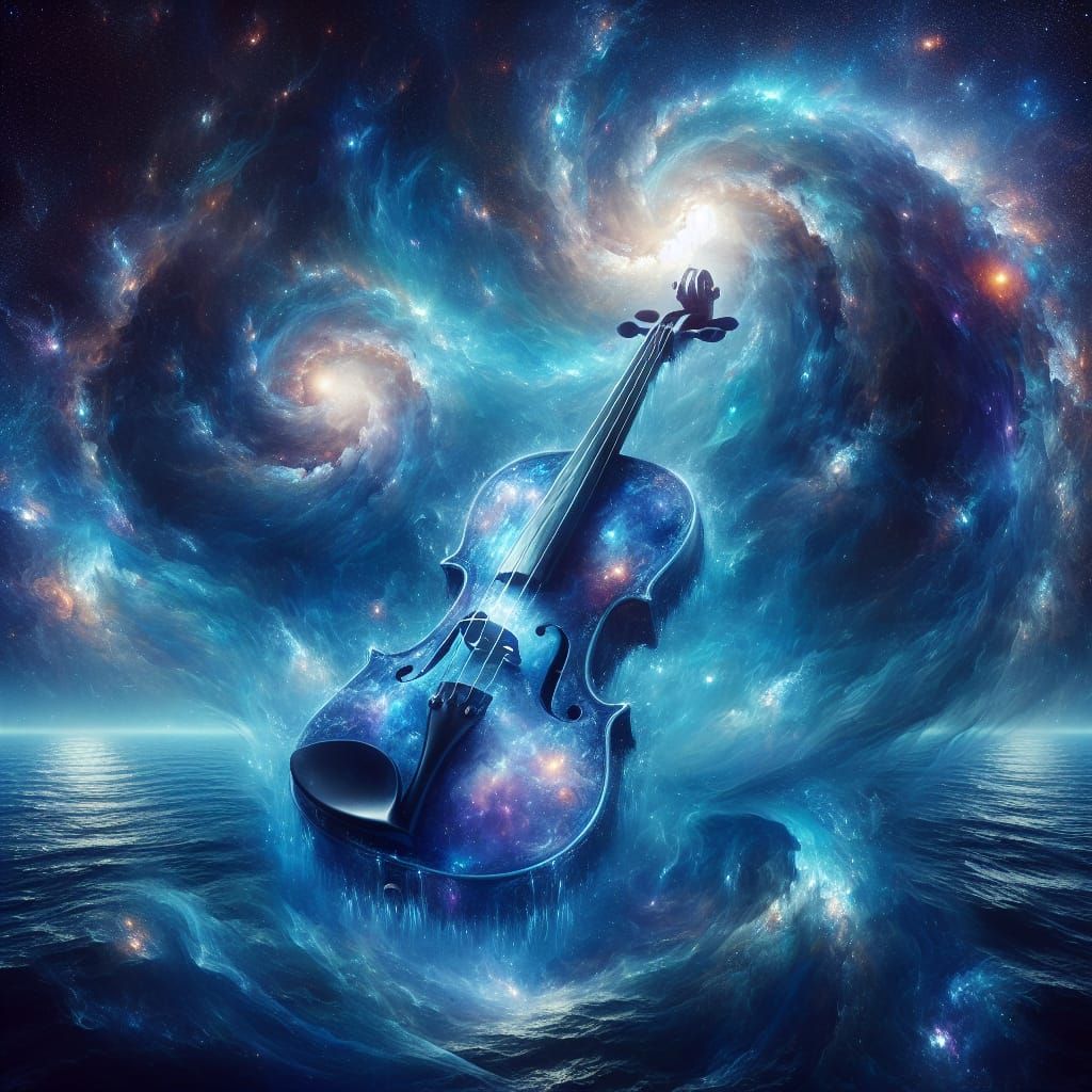 Glowing Blue Violin in Cosmic Ocean with Swirling Galaxies