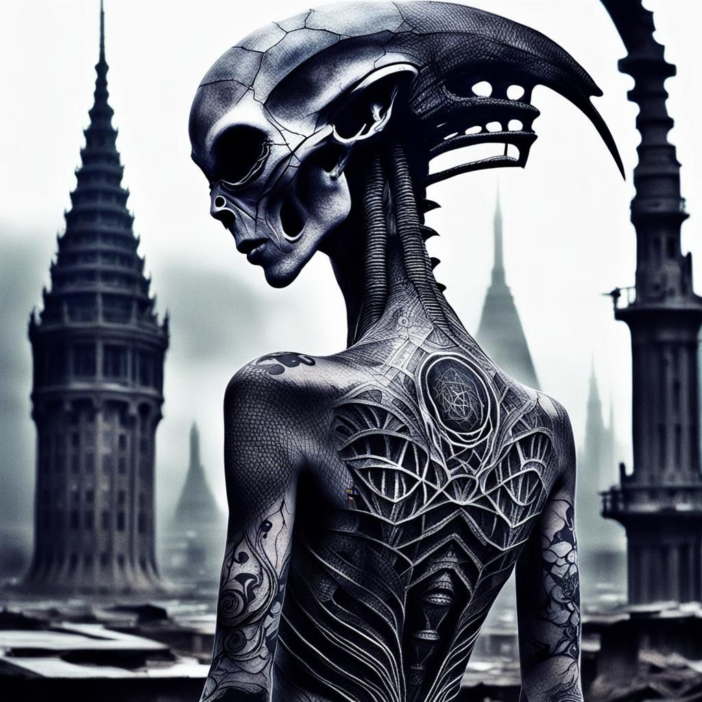 Alien in Tattered Splendor Beside Crystalline Towers