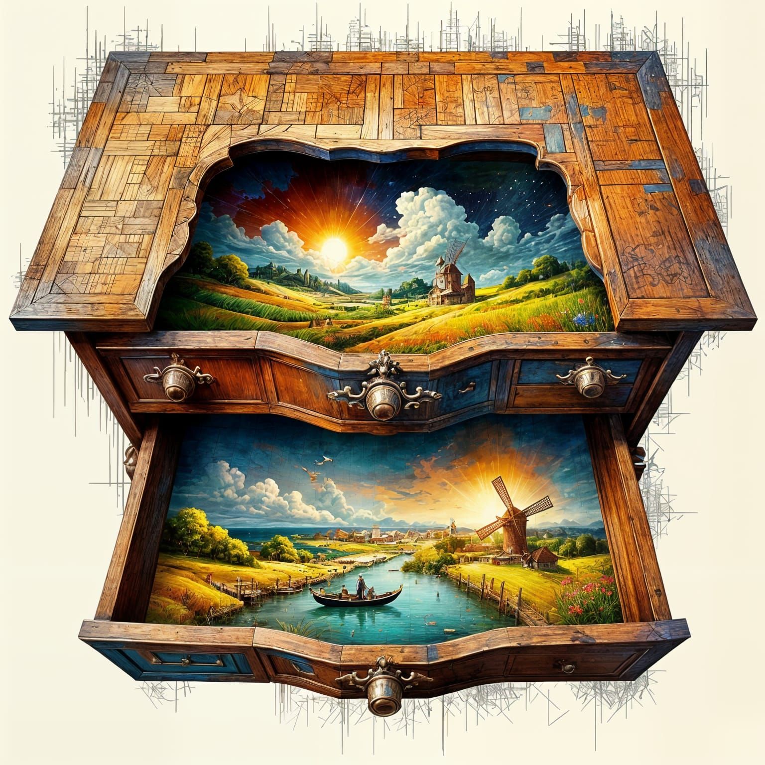 Ancient Desk Drawers in Whimsical Raster Style