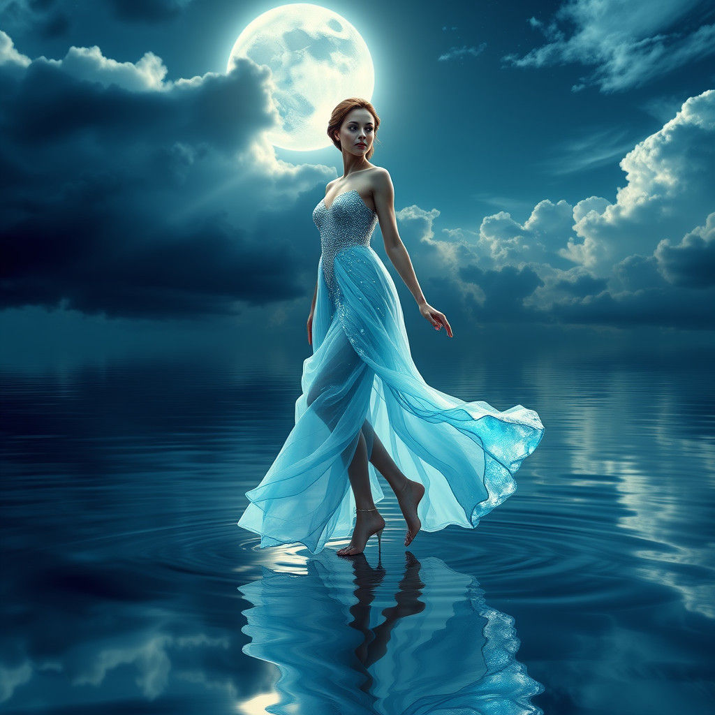 Elegant Woman in Flowing Dress on Water