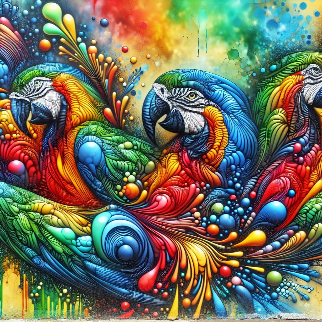 Colorful Parrots in Abstract Street Art Style