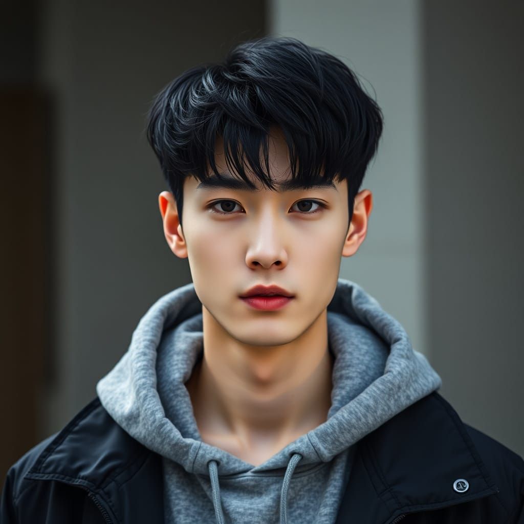 Elegant Korean Man with Curtain Bangs in Muted Colors
