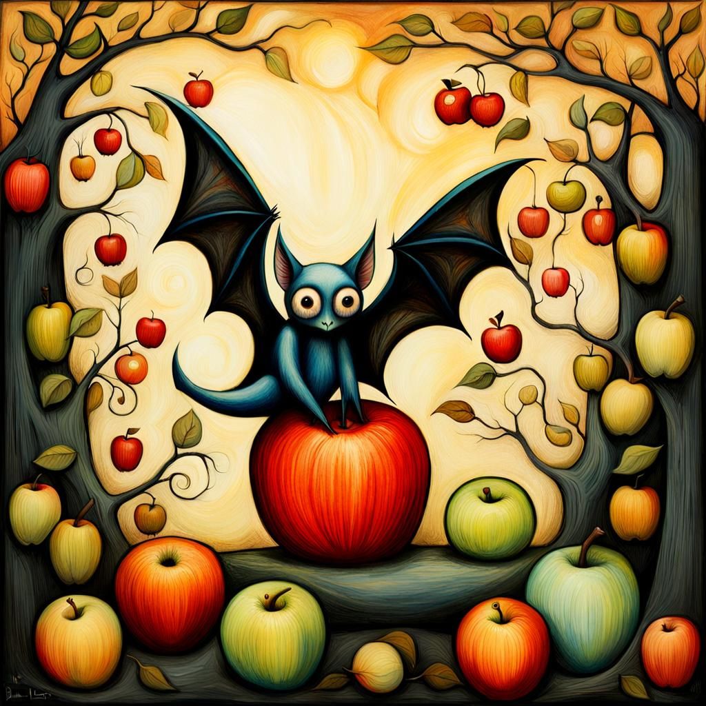 Girl Feeds Bat: Abstract Sketch Art