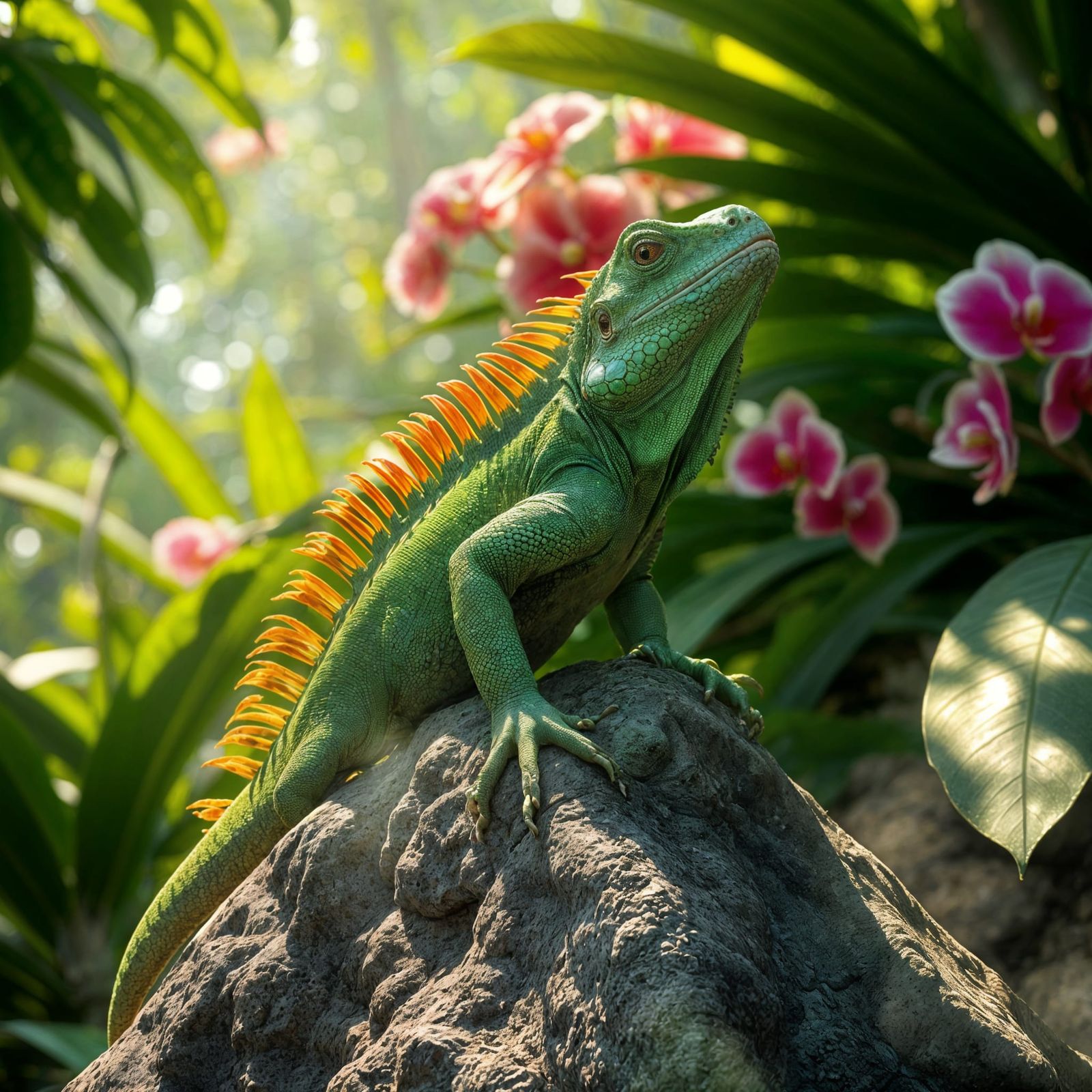 Emerald Iguana on Rainforest Rock: Hyperrealistic Surrealism
