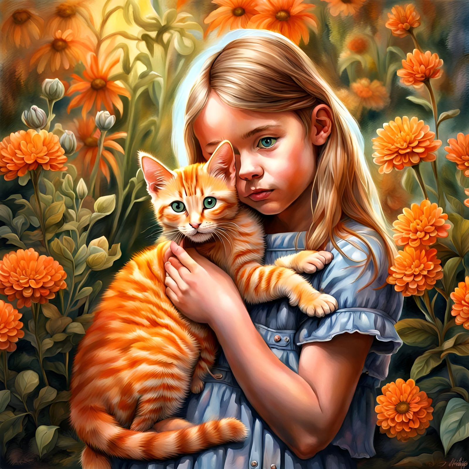 Girl with Kitten in Watercolor Wildflower Garden
