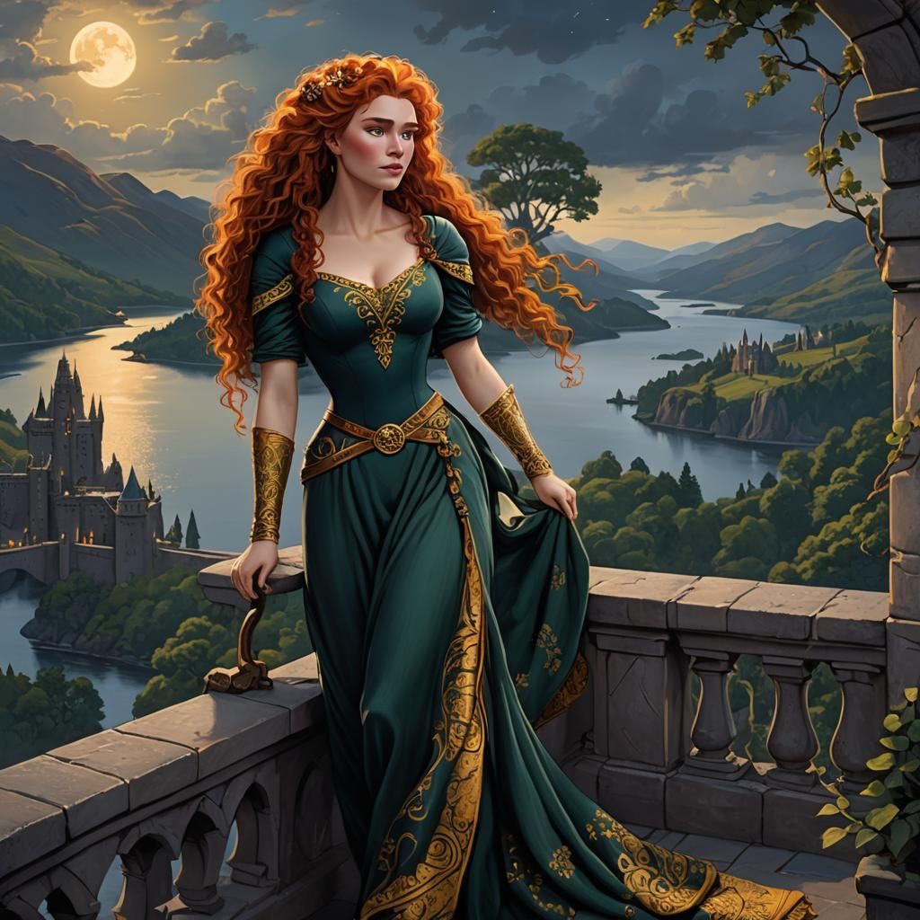 Merida Overlooking Loch Ness with Golden Tattoos