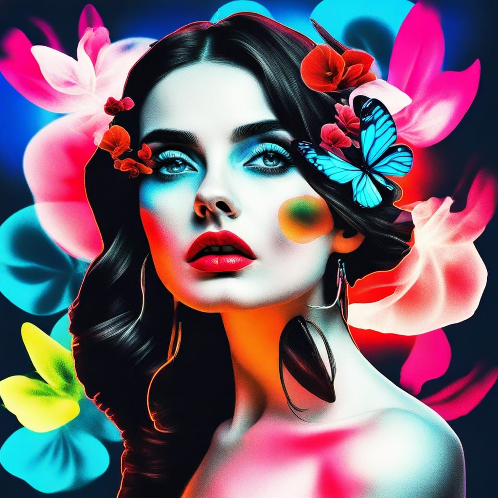 Neon Airbrush Collage Portrait in Bright Lights