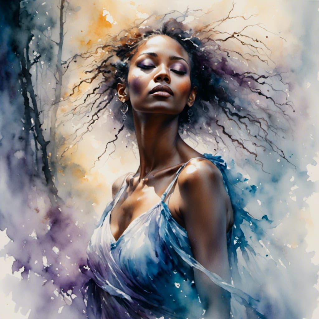 An ethereal woman dances amidst smoke.