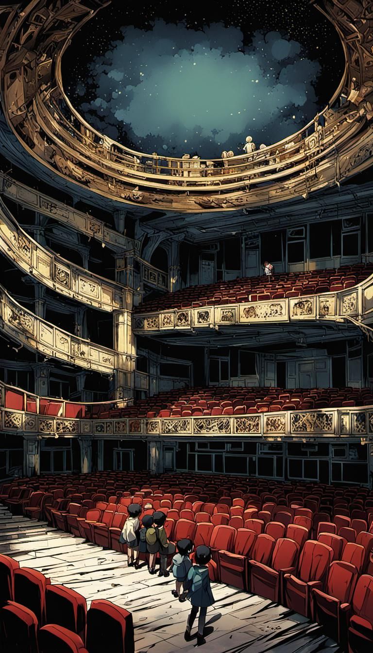 Children Explore Abandoned Theatre in Anime Style