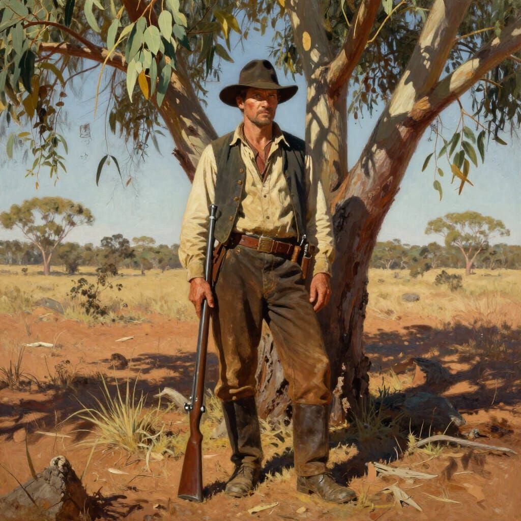 Australian Bushranger Under Eucalyptus Tree in Dramatic Ligh...