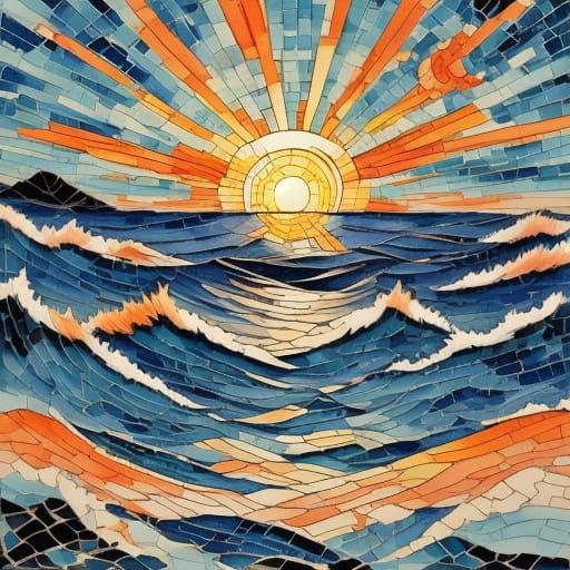 Muted Neon Watercolor Landscape with Tile Sun