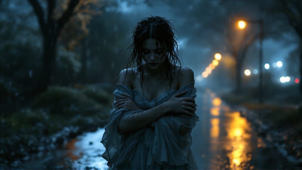 Sorrowful Girl Walks in Rain Soaked Dress