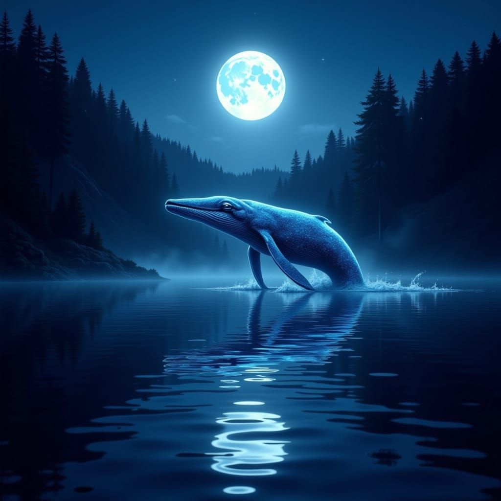 Glass Whale Breaches Moonlit Lake in Ethereal Glow