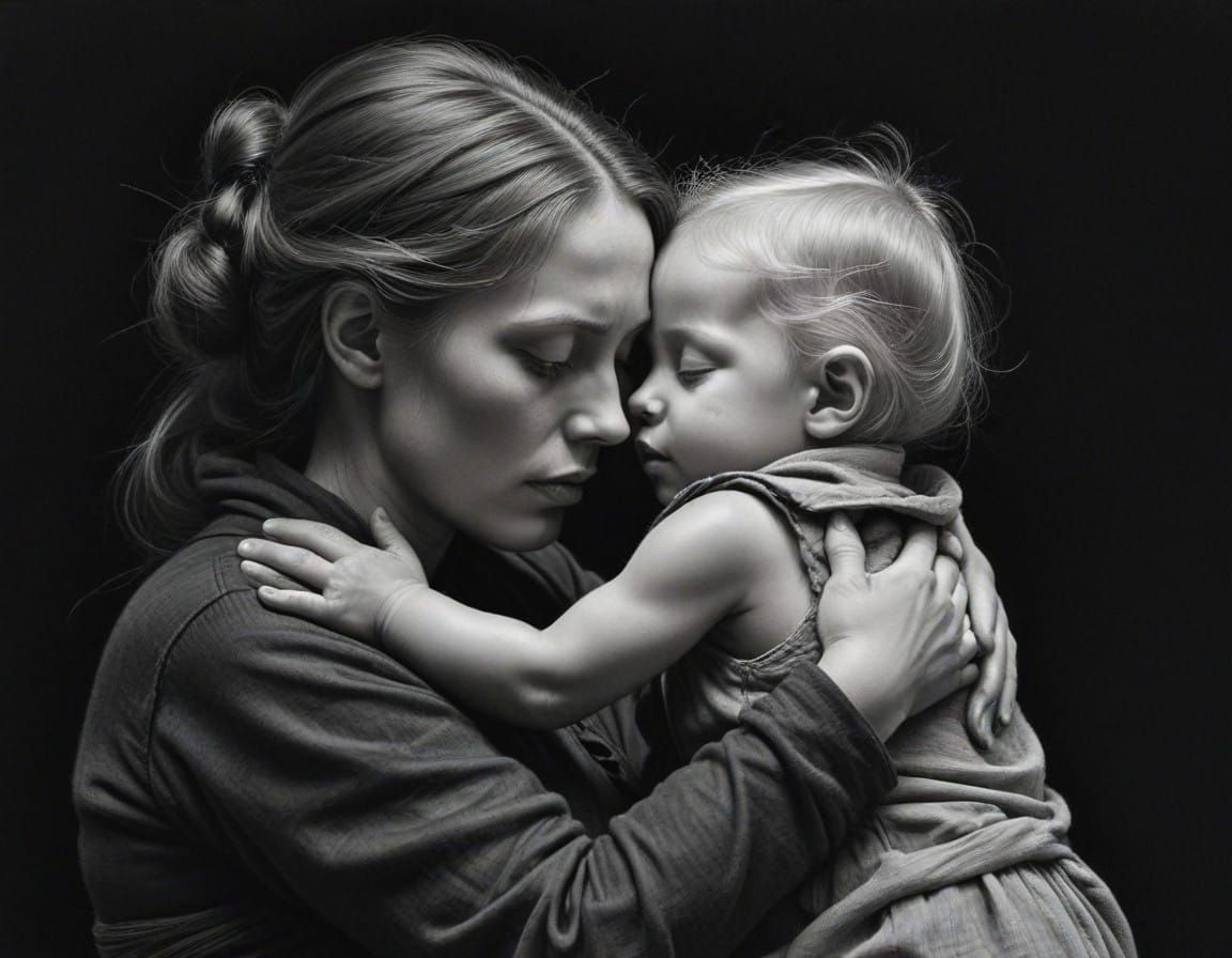 Mother's Tender Embrace in Charcoal Hyperdetail