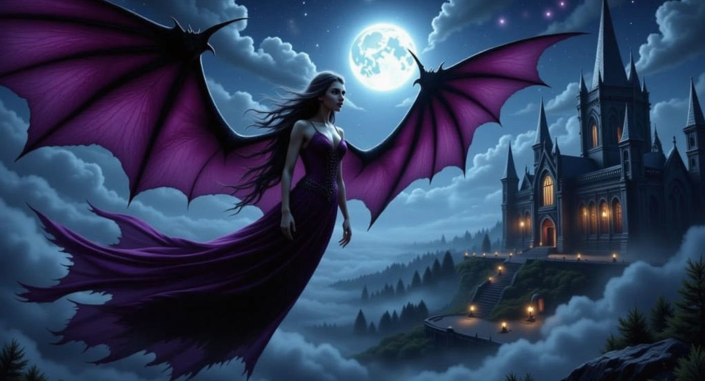 Vampire Soars Past Gothic Cathedral Under Starry Night