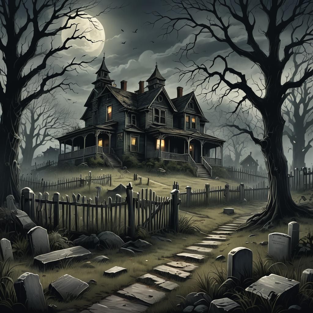 Haunted House Illustration in Gothic Horror Style