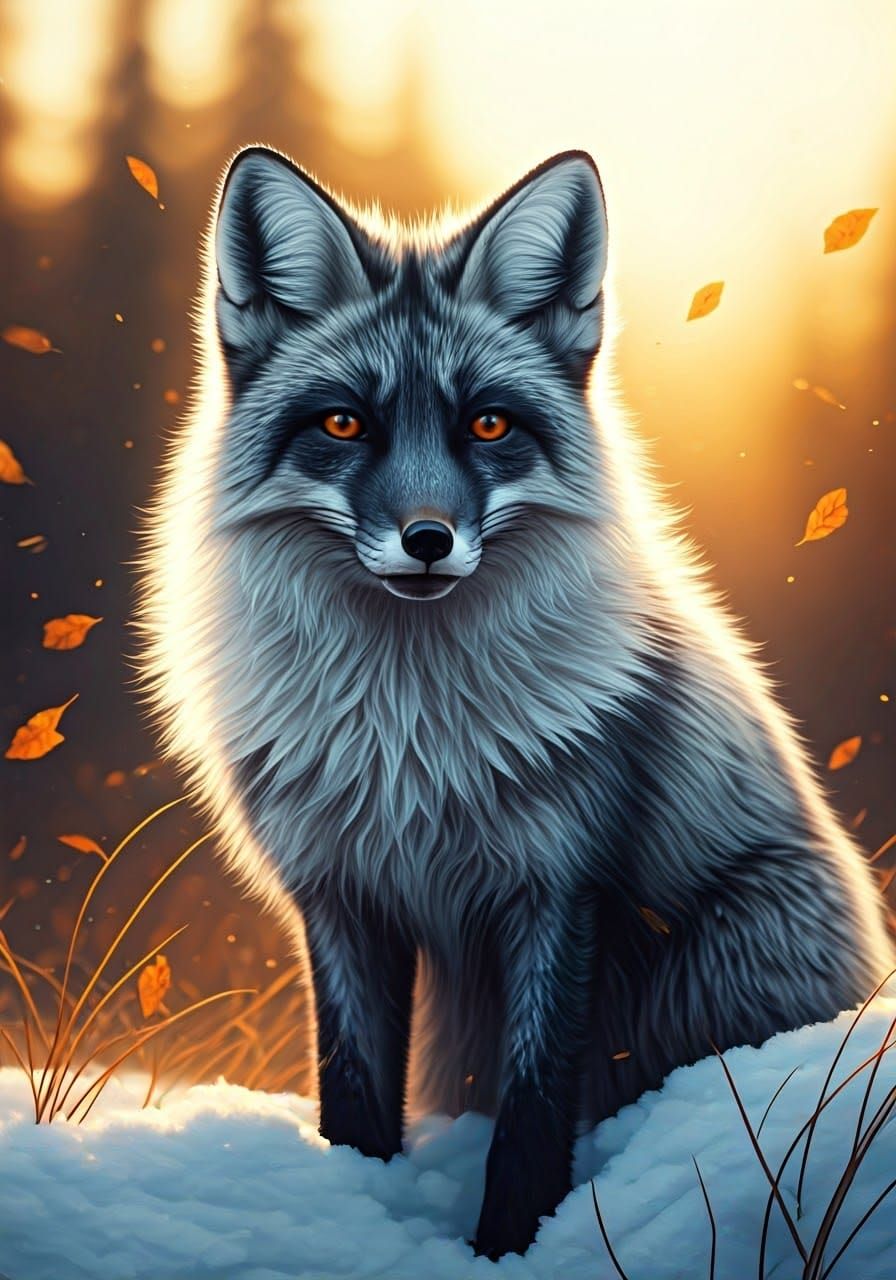 Silver Fox on Snow-Kissed Autumn Mountain