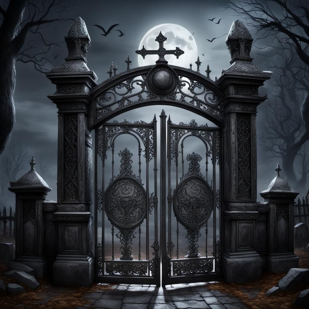 Haunted Graveyard Gates Under Moonlight