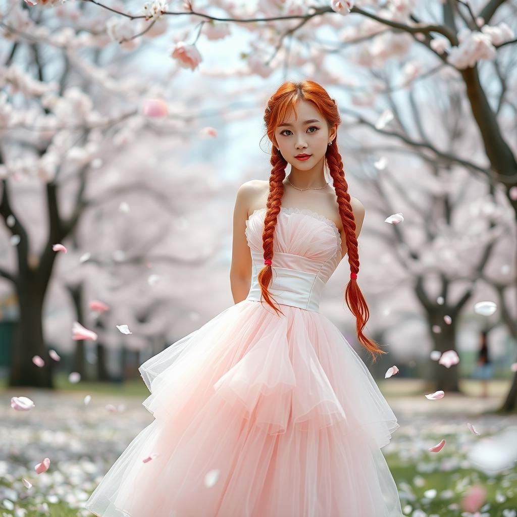 Japanese Woman in Pink Dress with Sakura Petals