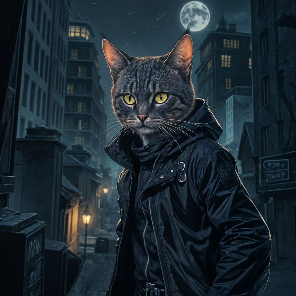 Whiskered Guardian of the City in Moonlit Splendor