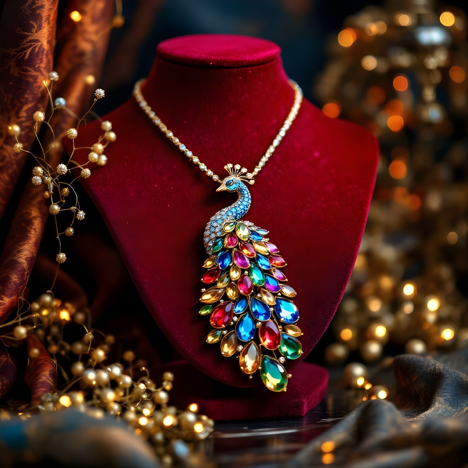 Regal Baroque Still Life with Iridescent Peacock Pendant