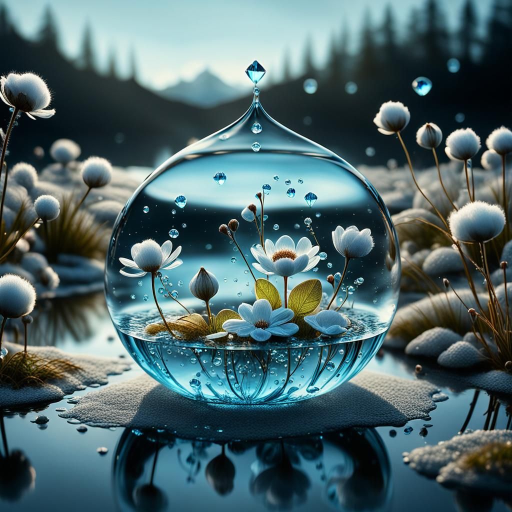 Diamond Water Drop with Bioluminescent Glass Flowers