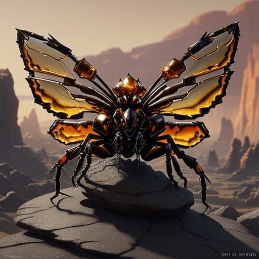Glass Scorpion Rests on Desert Rock with Crystalline Wings