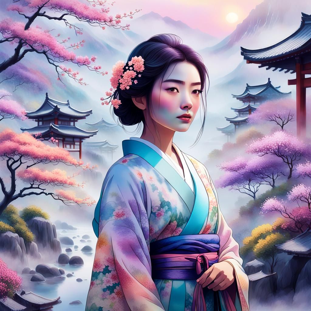 Woman in Kimono in Asian Landscape, Digital Art
