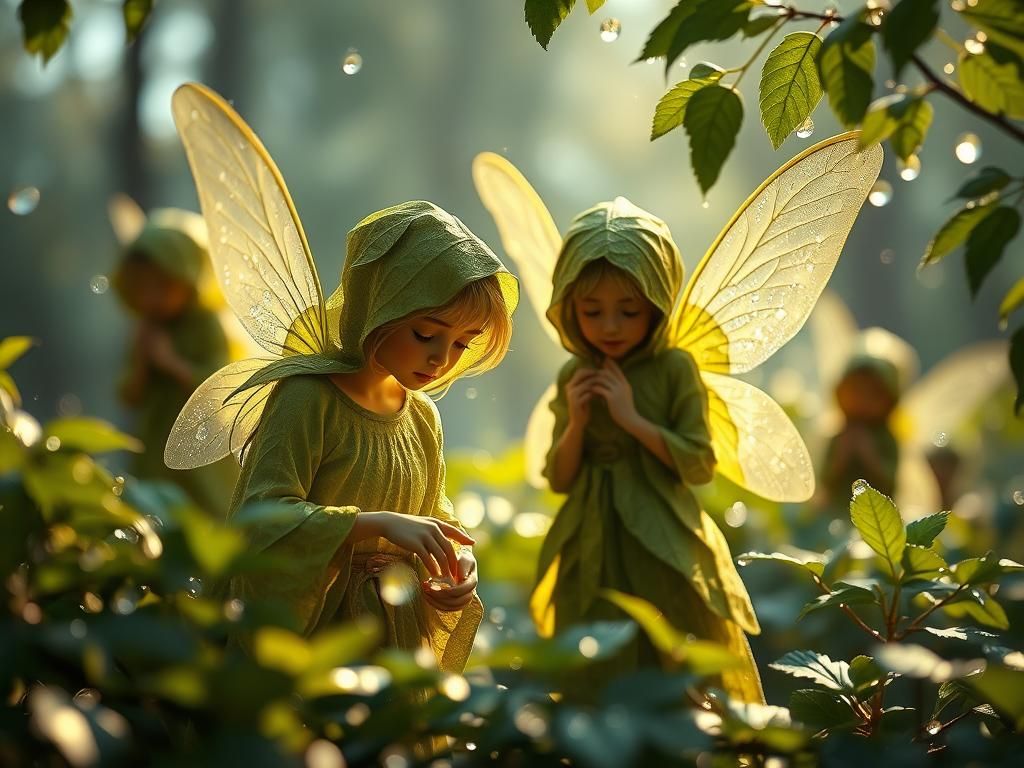 Etherial Fairies Collecting Dewdrops in Cinematic Portrait