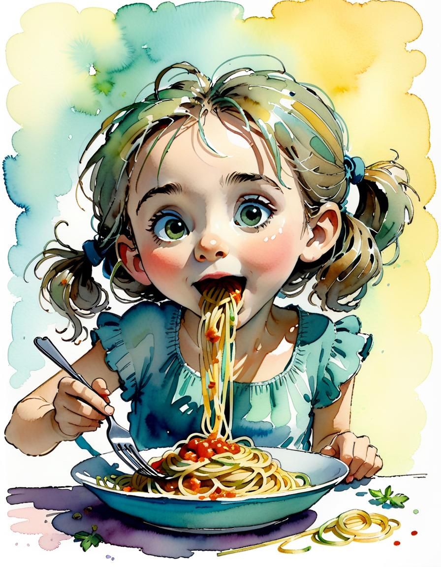 Charming Storybook Illustration: Girl Eating Spaghetti