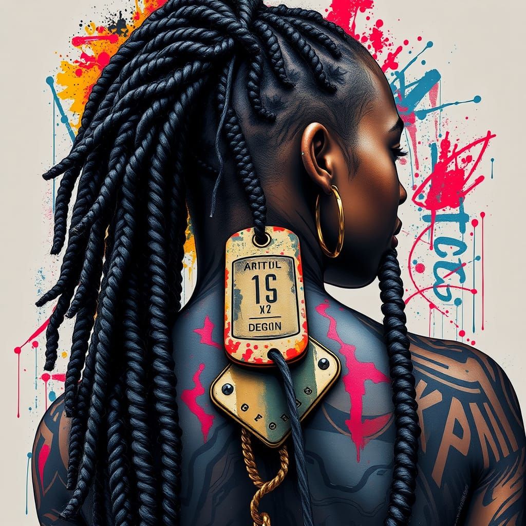 Black Woman with Military Tattoo in Graffiti Art Style