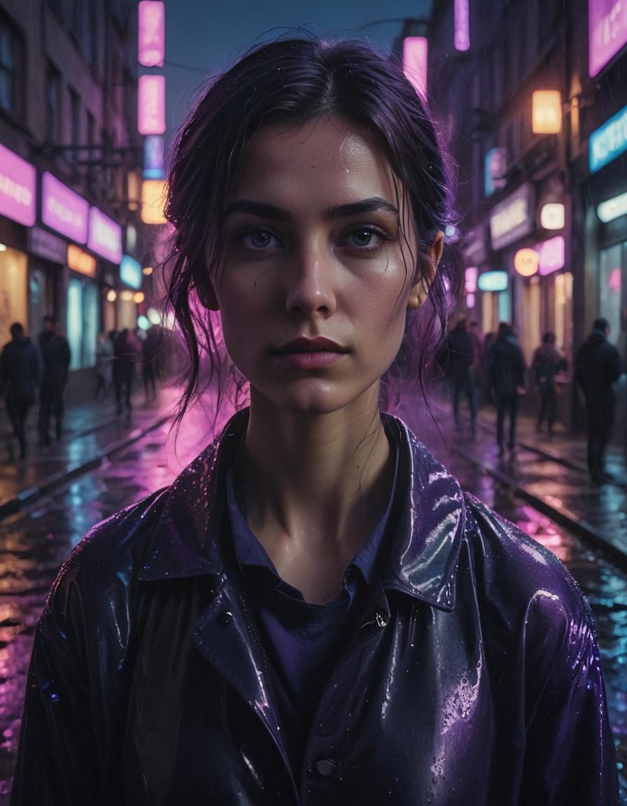 Magic Realism Portrait in Dimly Lit City Street