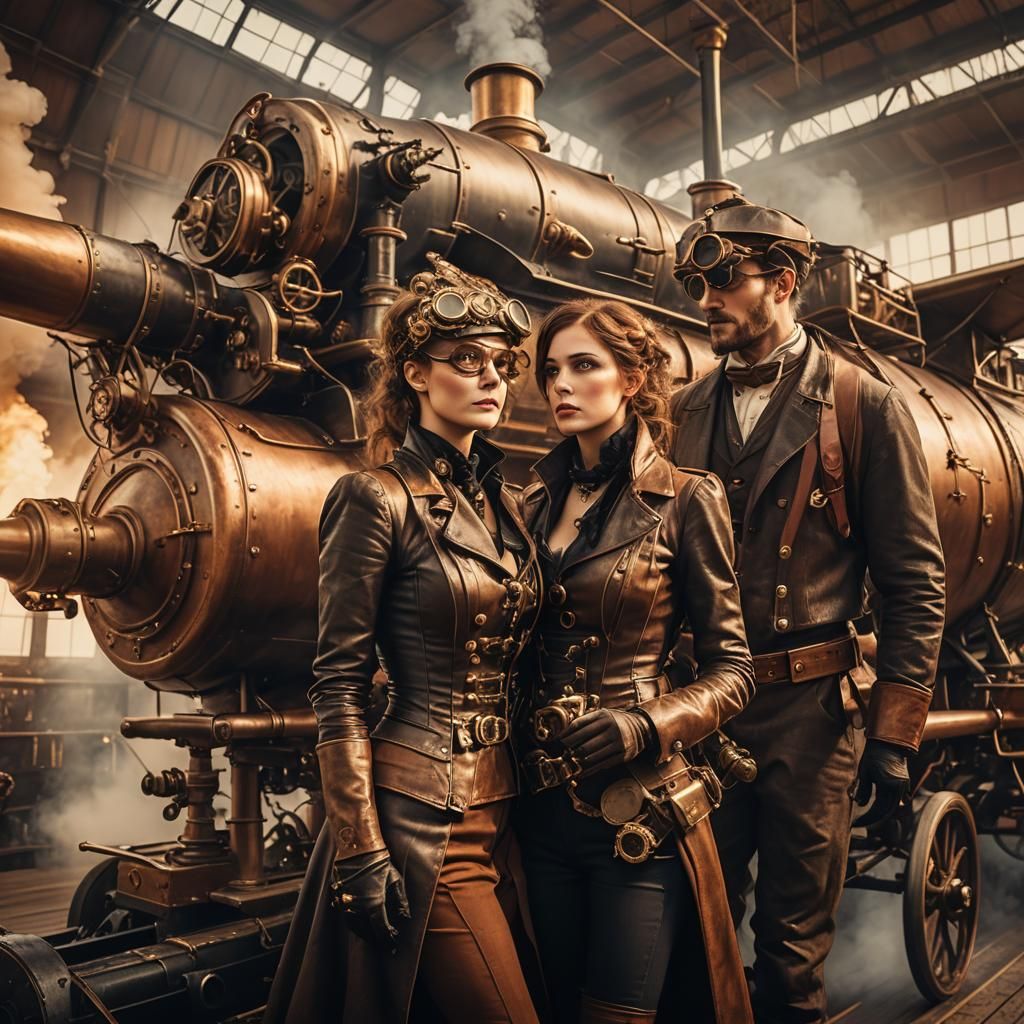 Steampunk Couple Boarding Steam-Powered Airplane