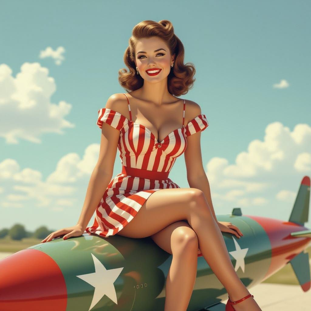 1940s Pin-Up Girl Poses on Vintage Missile