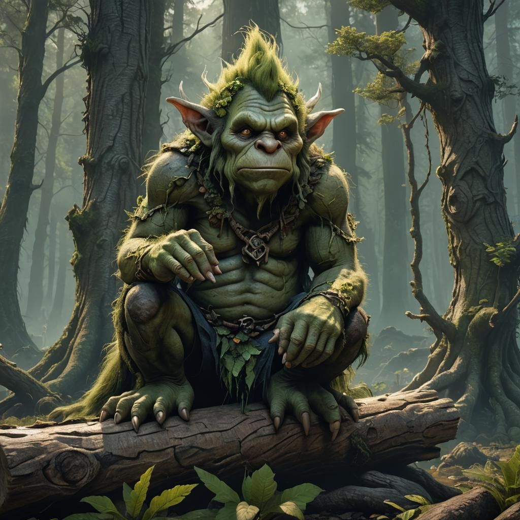 Giant Troll and Worried Elf in Misty Forest