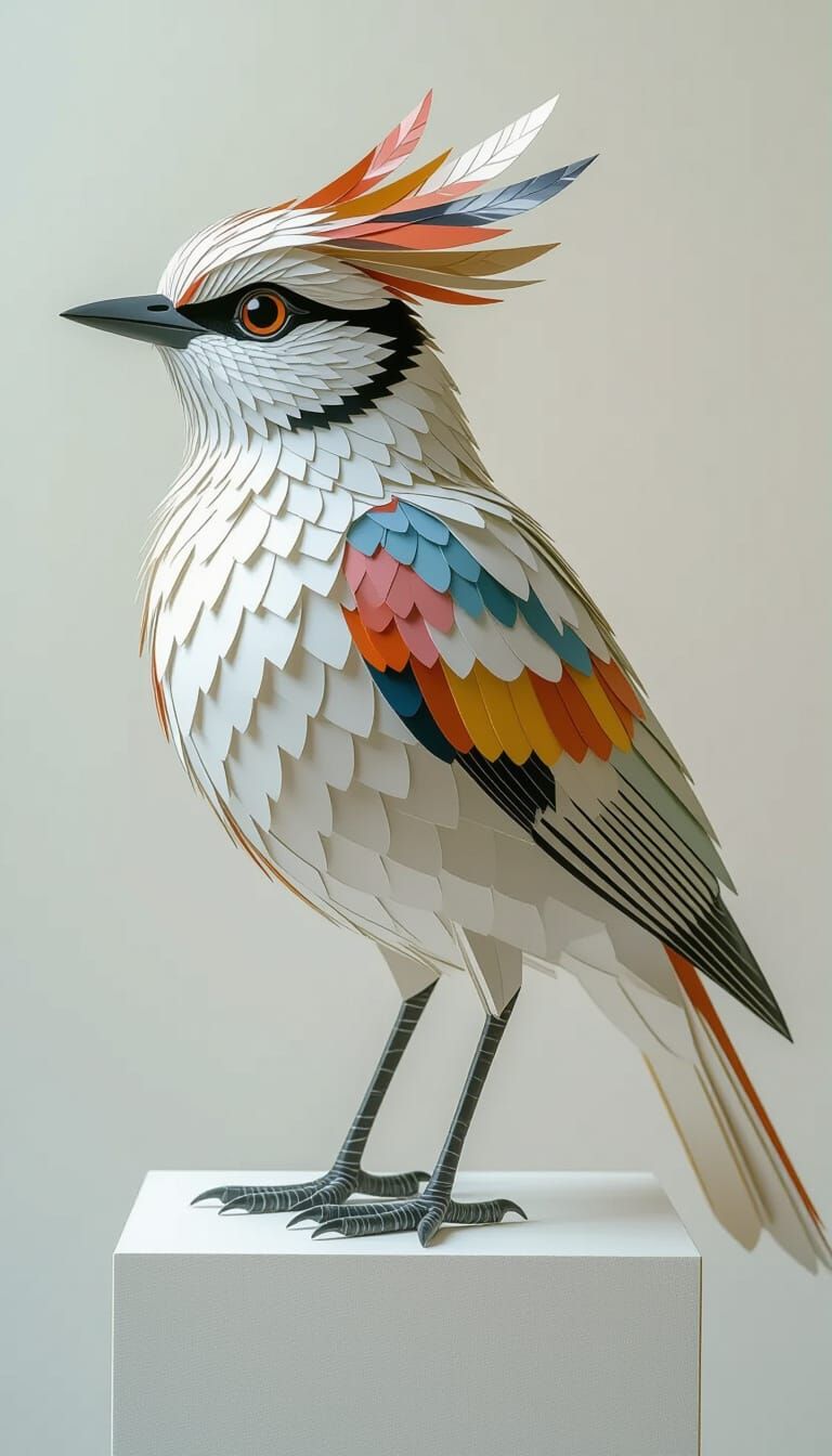 Intricate Paper Bird Art on Minimalist Pedestal