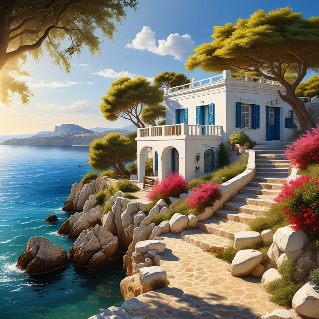 Greek Seaside House in Summer Landscape