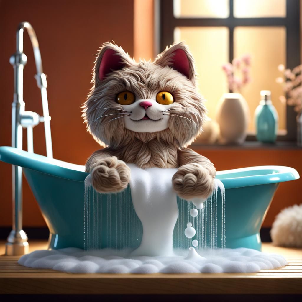 Adorable Cat Puppet in Bubble Bath, Whimsical Art