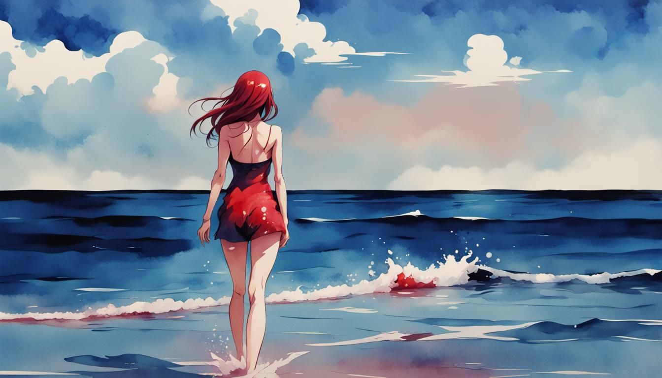 Watercolor Beauty Queen on Beach in Anime Style