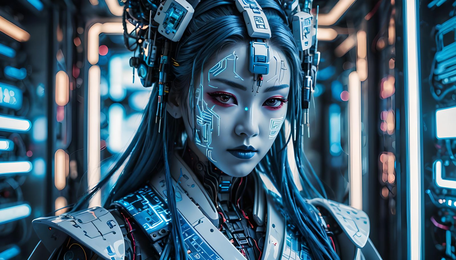Neon Blue Android Geisha Portrait in Cyberpunk Style