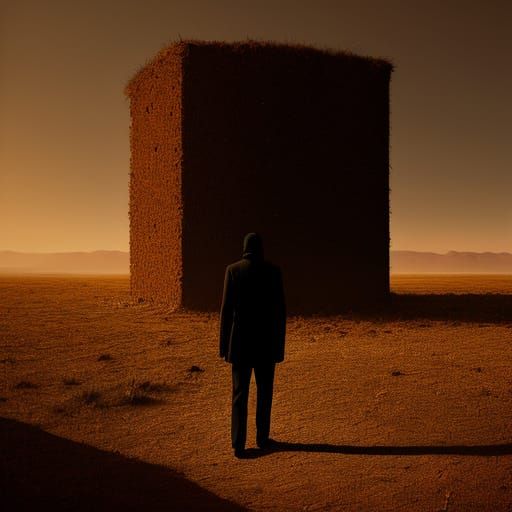 Melancholic Figure in Surreal Oil Painting Landscape