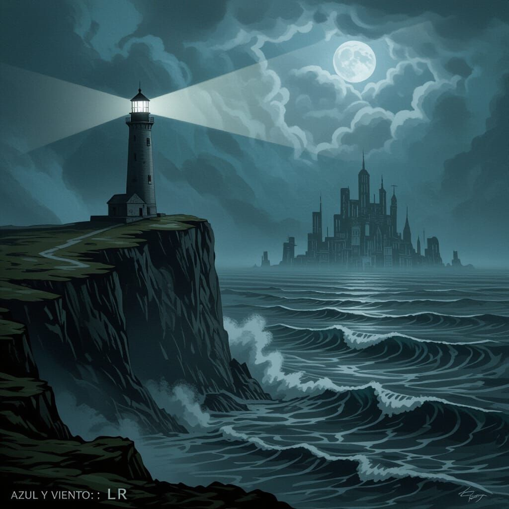 Dark Fantasy Lighthouse Over Submerged City