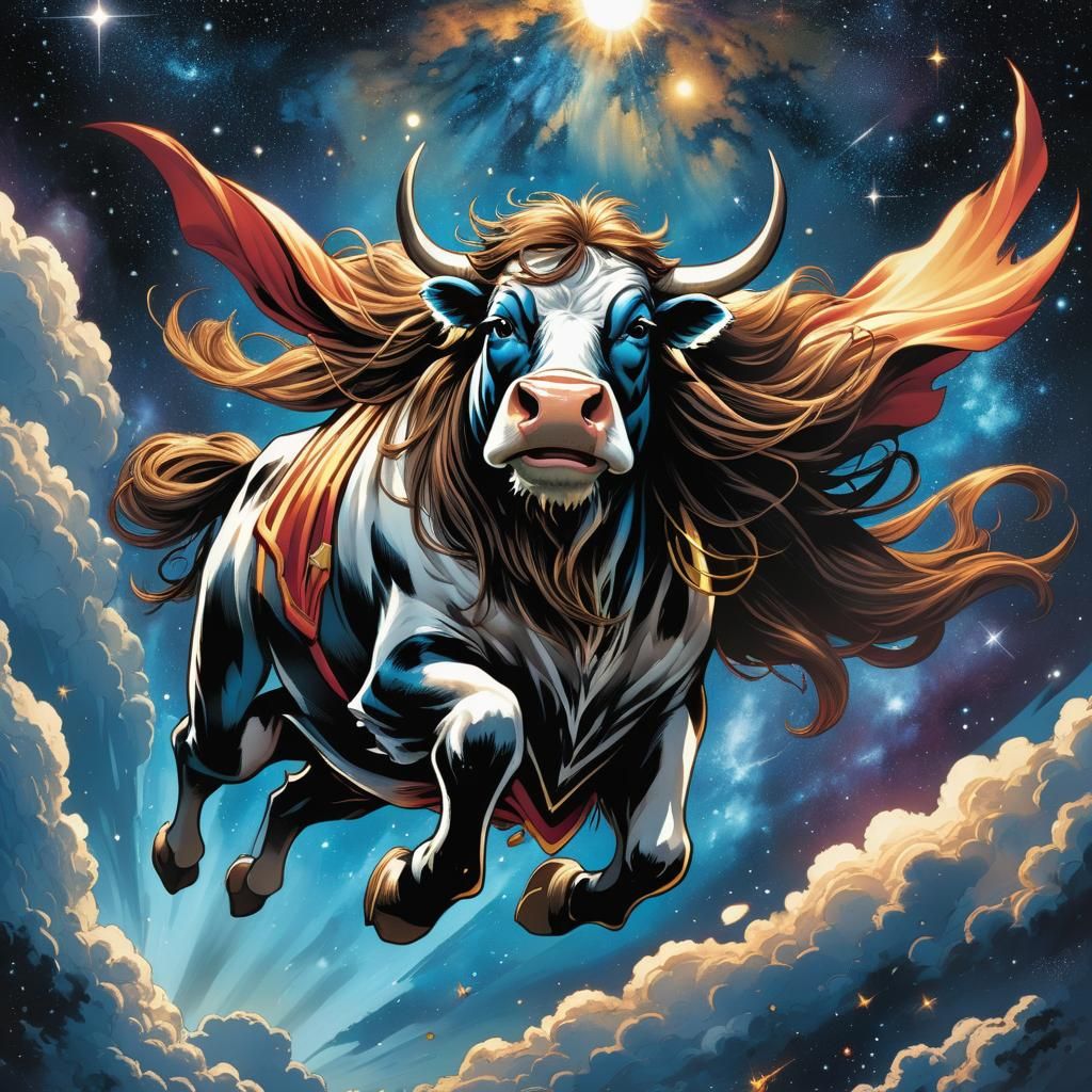 Superhero Cow Flying Through Cosmos in Comic Style