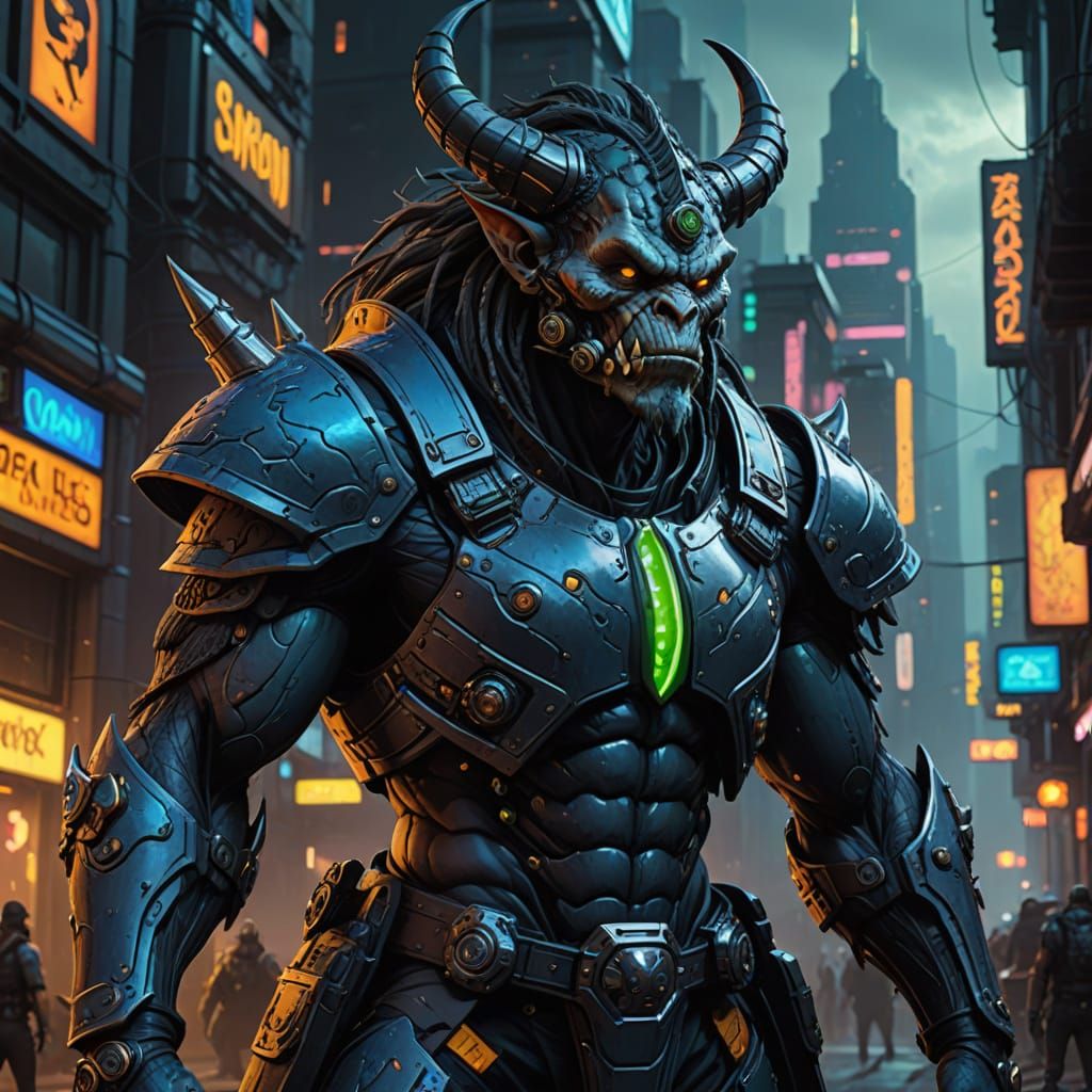Cyberpunk Troll in Futuristic Armor, Shadowrun Inspired